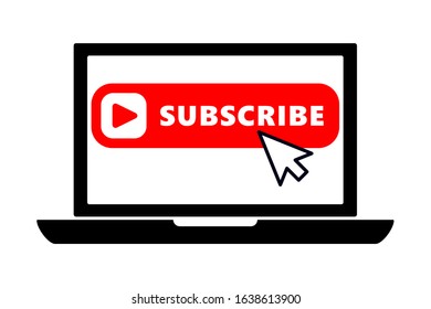 flat black laptop icon with arrow pointer or cursor mouse clicking on red subscribe button linear icon. Concept of using screen mobile computer or search click mouse for website.