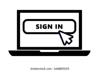 flat black laptop icon with arrow pointer or cursor mouse clicking on sign in button linear icon. Concept of using screen mobile computer or search click mouse for website.