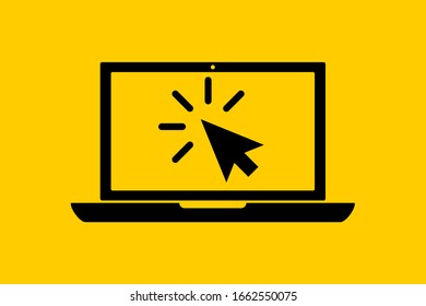 flat black laptop icon with choosing cursor or pointer isolated on yellow. Concept of using screen mobile computer or search choice click mouse for website. Vector illustration