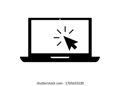 icono del portátil negro plano con la elección del cursor o puntero aislado en blanco. Concepto de usar el ordenador móvil de pantalla o la opción de búsqueda hacer clic en el ratón para el sitio web. Ilustración del vector