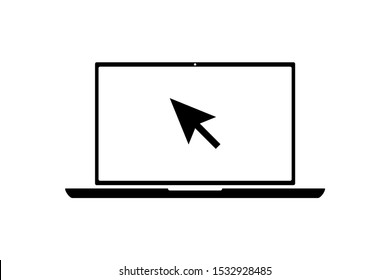 flat black laptop icon with cursor or pointer booking online isolated on white. Concept of using screen mobile computer or search click mouse for website. Vector illustration