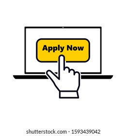 flat black laptop icon with  hand pointer or cursor mouse clicking on apply now button linear icon. Concept of using screen mobile computer or search click mouse for website