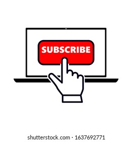 flat black laptop icon with  hand pointer or cursor mouse clicking on red subscribe button linear icon. Concept of using screen mobile computer or search click mouse. symbol in form of pressing hand