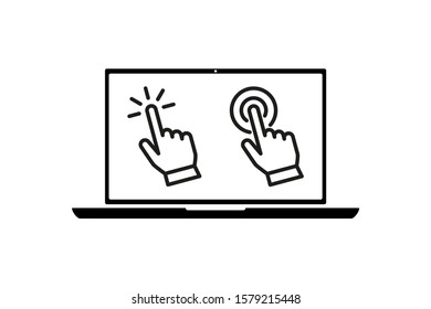 icono del portátil negro plano con el puntero de la mano o el cursor del ratón pulsado icono lineal aislado en blanco. Concepto de uso de pantalla de ordenador móvil o hacer clic en el ratón para buscar sitio web. Ilustración del vector