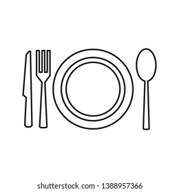Flat Black Line Art Fork, Knife, Spoon and Plate Icons Isolated on White Background. Food Icons Set. Modern Symbol, Logo, Object