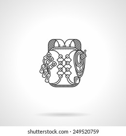 Flat black line vector icon for hike or climbing backpack on white background.