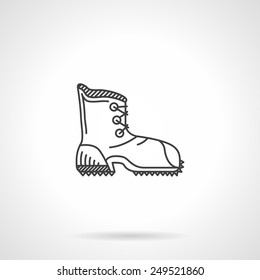 Flat black line vector icon for contour shoe for hike on white background.