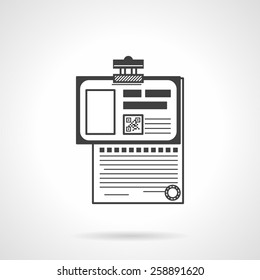 Flat black line vector icon for medical patient history with identity card on white background. 