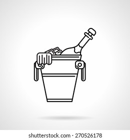 Flat black line vector icon for champagne bottle in cooler bucket with ice on white background.