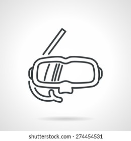 Flat black line vector icon for goggles with snorkel for diving and snorkeling on white background.