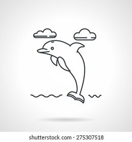 Flat black line vector icon for seascape with jumping dolphin on white background.