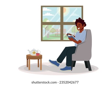 A flat Black Man in Home Clothes Reads a Book and Sits in a Chair. Leisure time, Hobby. Male Cartoon Character.