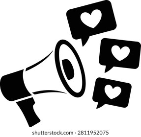 A flat black megaphone icon with several speech bubble notifications containing heart shapes for socialmedia