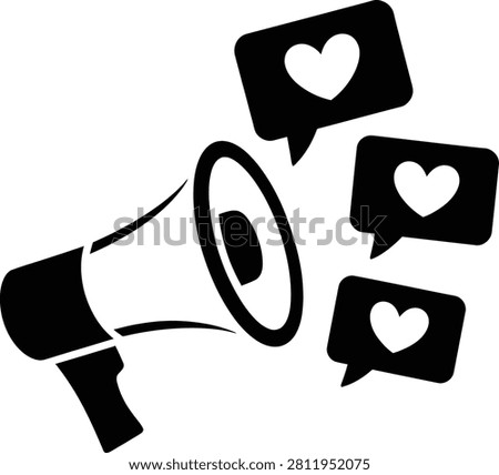 A flat black megaphone icon with several speech bubble notifications containing heart shapes for socialmedia
