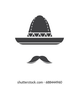 Flat black mexican hat and mustache icon, Sombrero