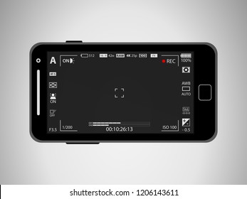 Flat black modern mobile camera phone with focusing screen with settings isolated. Camera recording. Vector illustration