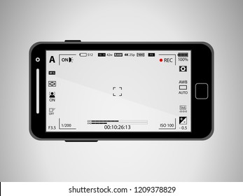 Flat Black Modern Mobile Camera Phone With Focusing Screen With Settings Isolated. Camera Recording. Vector Illustration