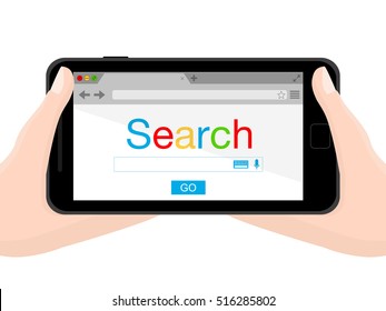 Flat black modern mobile phone with browser window in hands. Search engine. Vector illustration