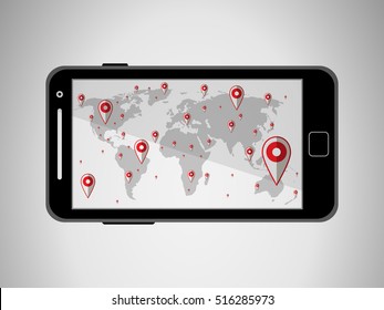 Flat black modern mobile phone with navigator program isolated. Vector illustration