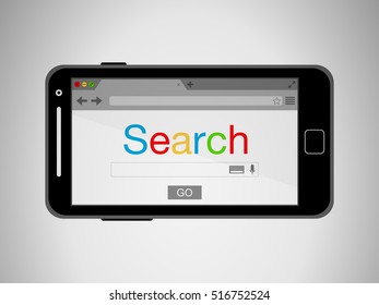 Flat black modern mobile phone with browser window. Search engine. Vector illustration