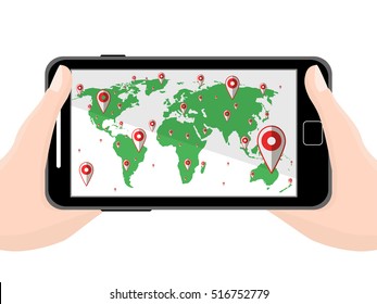 Flat black modern mobile phone in hands with navigator program isolated. Vector illustration