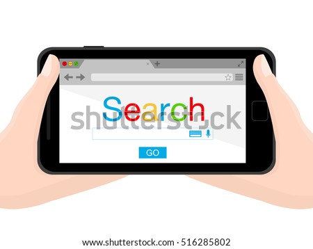 Flat black modern mobile phone with browser window in hands. Search engine. Vector illustration