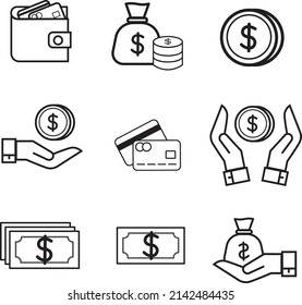 juego de vectores de icono de dinero negro plano - vectores de pila de monedas, dólar, inversión, moneda criptográfica, cartera, icono de ahorro de dinero