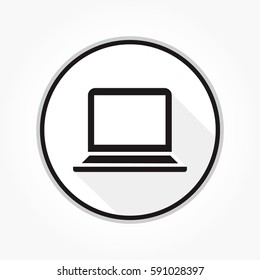 flat black notebook or laptop icon on white circle with black frame and shadow effect