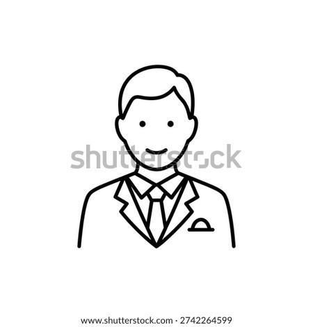 Flat black outline CEO icon on white background representing corporate leadership, management roles, executive team, and business strategy visuals.