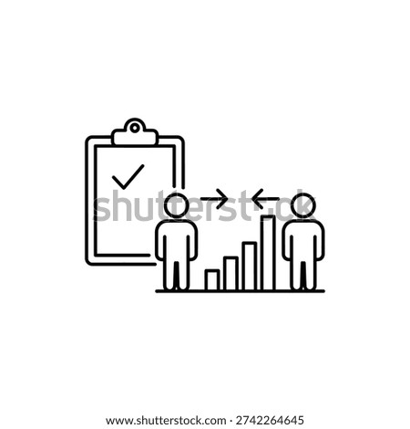 Flat black outline competitor survey icon on white background, ideal for business analysis, market research, and corporate strategy designs.