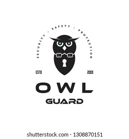 flat black owl hold shield with key hole logo icon vector template