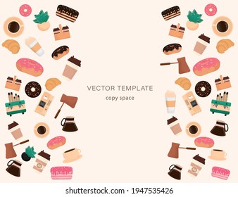 Flat black pattern on white backdrop. Black line icon. Kid graphic. Coffee shop tools, great design for any purposes. Cooking food. Flat vector.