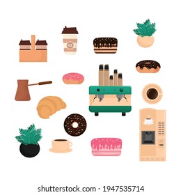 Flat black pattern on white backdrop. Black line icon. Kid graphic. Coffee shop tools, great design for any purposes. Cooking food. Flat vector.