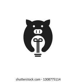 flat black pig hold light bulb logo icon vector template