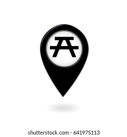 Flat, black pin. Map pointer. Picnic, eating lunch place.