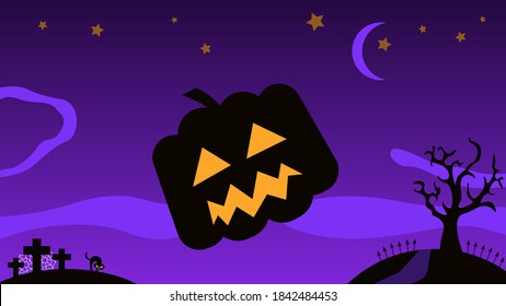 Flat black pumpkin face on violet background with hills and graves, banner design for Halloween holiday.