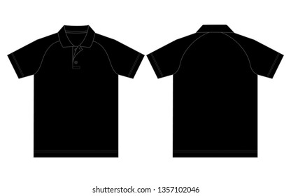 Flat Black Raglan Short Sleeve Polo Shirt for Template.Front And Back View.