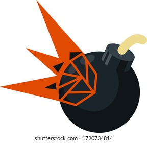 Bomba redonda negra plana aislada en blanco. Armamento militar y armamento de municiones. Dinamita explosiva. Amenaza terrorista. Defensa y ataque. Ilustración de objetos de peligro de viñeta