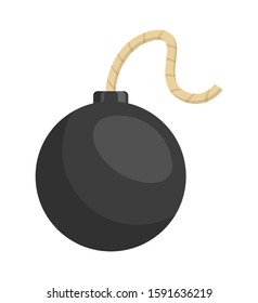 Flat black round bomb with rope wick isolated on white. Army weapon and ammunition armament. Explosive dynamite. Terrorism threat. Defense and attack. Vector cartoon danger object illustration