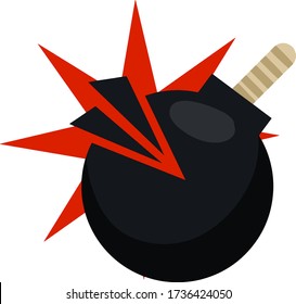 Flat black round bomb with rope wick isolated on white. Army weapon and ammunition armament. Explosive dynamite. Terrorism threat. Defense and attack. Vector cartoon danger object illustration