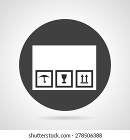 Flat black round vector icon with white silhouette cardboard box with signs for delivery and post office on gray background.