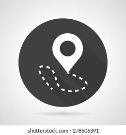 Flat black round vector icon with white silhouette direction pointer or marker on gray background.