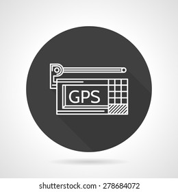 Flat black round vector icon with white contour wireless GPS device on gray background. 