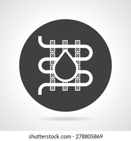 Flat black round vector icon with white silhouette element of hydraulic heated floor with drop on gray background.