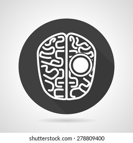Flat black round vector icon with white line brain a top view on gray background.