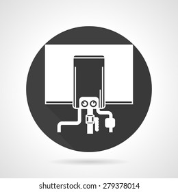 Flat black round vector icon with white silhouette boiler with pipeline on gray background.