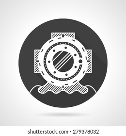 Flat black round vector icon with white contour helmet for scuba diving on gray background.