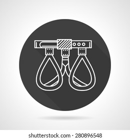 Flat black round vector icon with white line belay belt for alpinism and rock climbing on gray background.