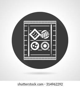 Flat black round vector icon with white line bamboo tray with sushi set. Seafood menu, traditional asian food. Design elements for business and website