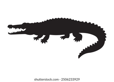 Flat Black Saltwater Crocodile Silhouette Vector Illustration on White Background